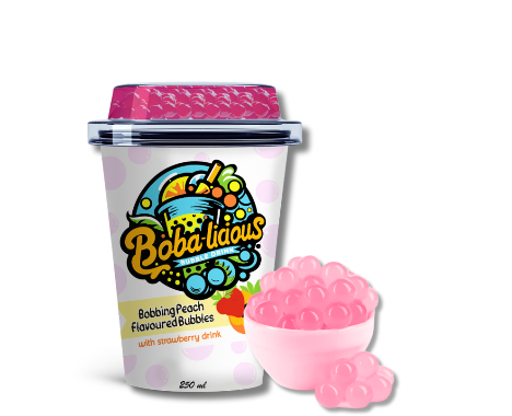 Bobalicious peach flavored bubbles with strawberry drink in a cup.